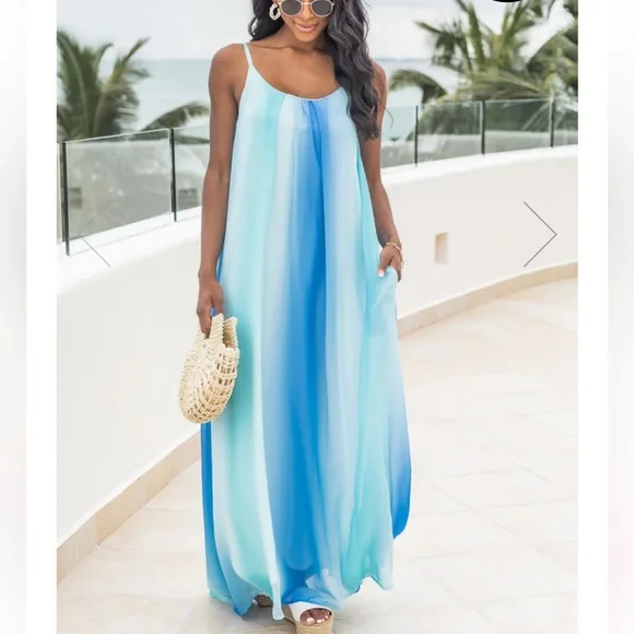 blue dress for baby girl Wedtrend Women Blue Floral Casual Dress A Line Spaghetti Straps Boho Maxi Summer Dress, Blue / XL main image 1